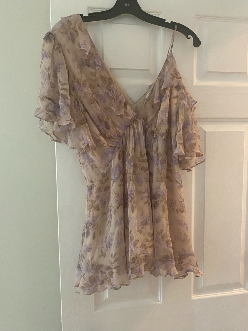 Zimmermann Cream and Lavender Floral Ruffle Cold-Shoulder Camisole